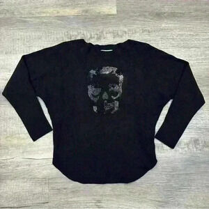 LIV MILANO W/ Crystal Skull L/S Black Crew Neck Sweater Size S